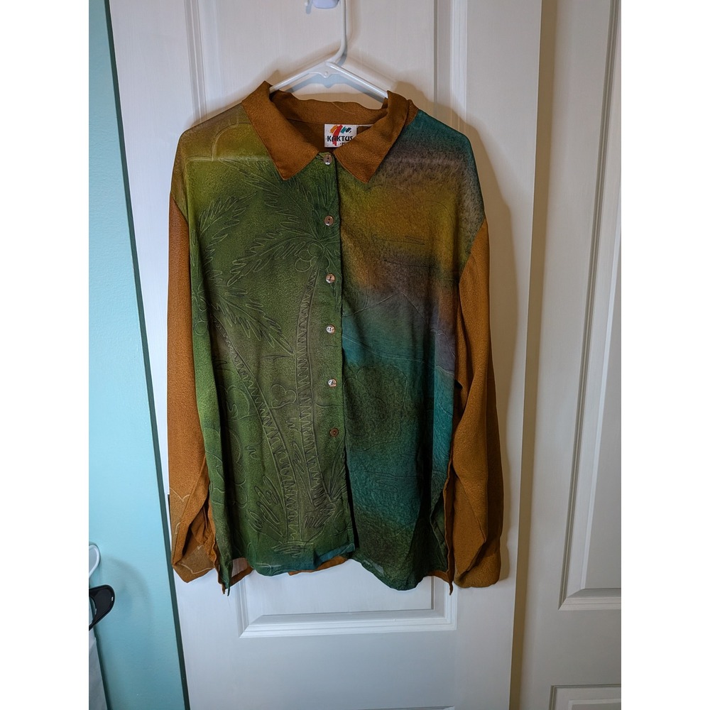 Kaktus Sport Vintage Tropical Palm Tree Embossed Button Down Shirt Green Brown